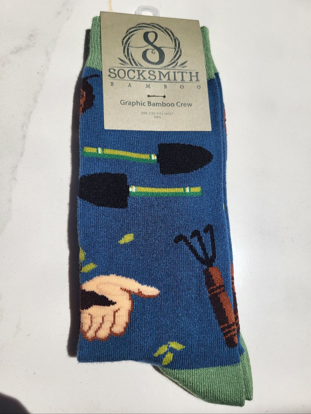 NWT Pair of SockSmith Graphic Bamboo Crew Socks Green Thumb Blue size 10-13